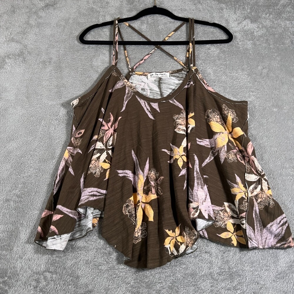 We The Free Floral Free People Hey Girl Cotton Tank Top Womens Small Olive Green